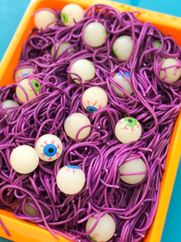 Spaghetti sensory bin for Halloween