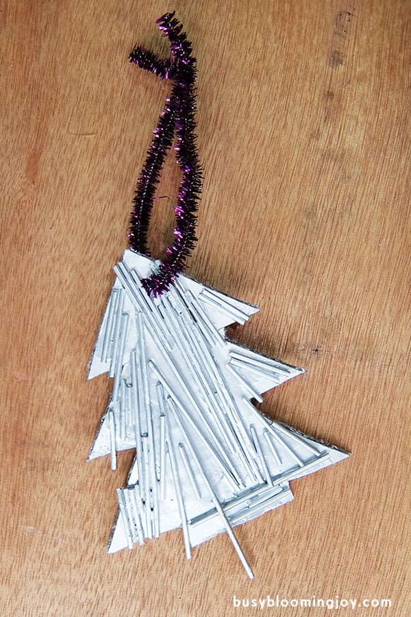 purple on wood finished spaghetti Christmas tree ornament