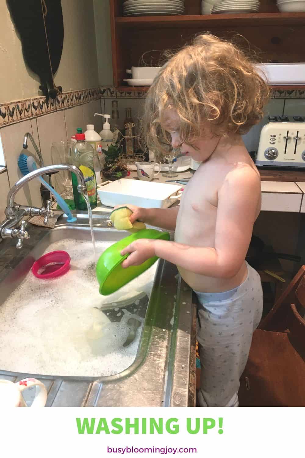 Toddler can be useful! Washing up is an easy indoor water play activity