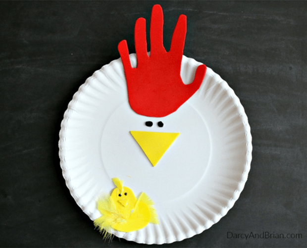 fun easy toddler Handprint paper plate chicken and Easter chick from Darcy and Brian