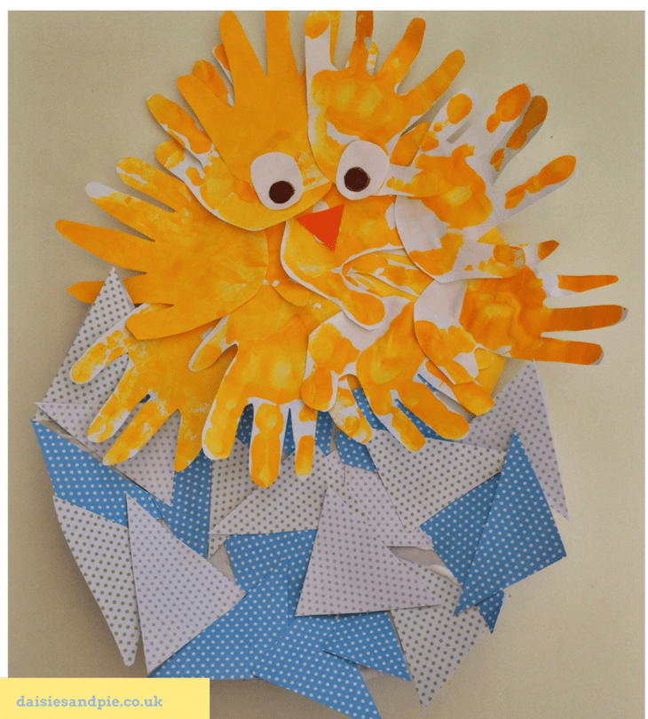 Handprint Easter chick craft from Daisies And Pie for toddlers and preschoolers