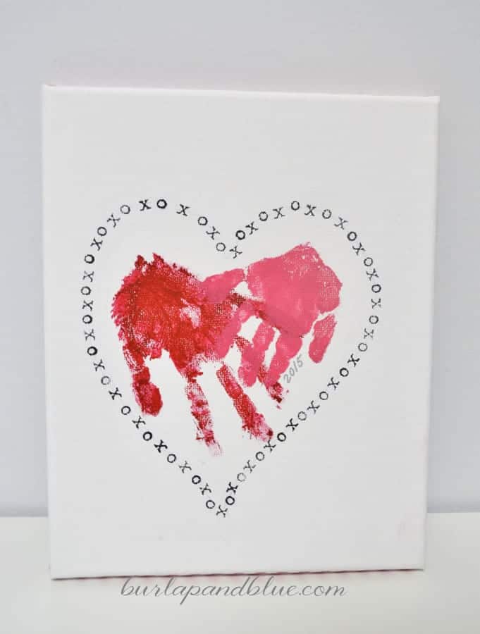 Heart Hand Print Canvas from Burlap And Blue easy craft for toddlers Mothers Day