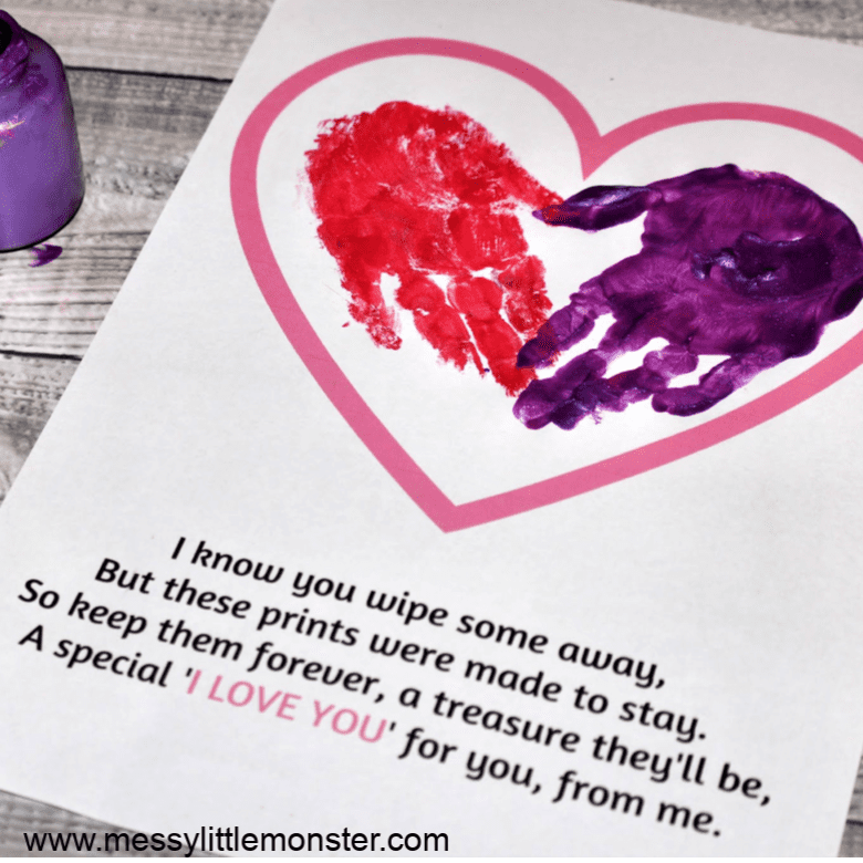 Adorable handprint heart & poem (free template) toddler handprint Mothers Day printable 