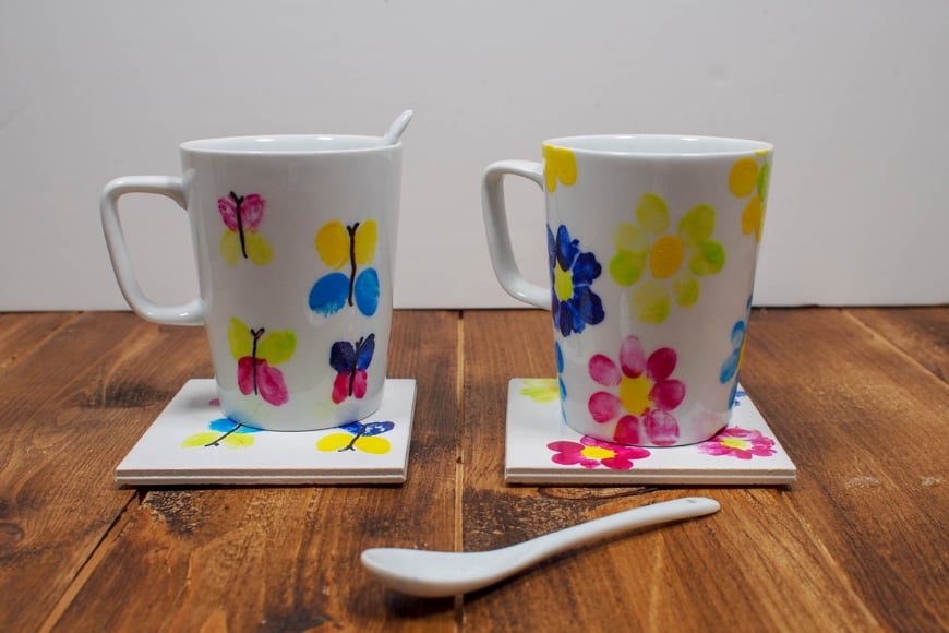 Thumbprint butterfly & flower mugs DIY Mothers Day Gifts from toddlers 