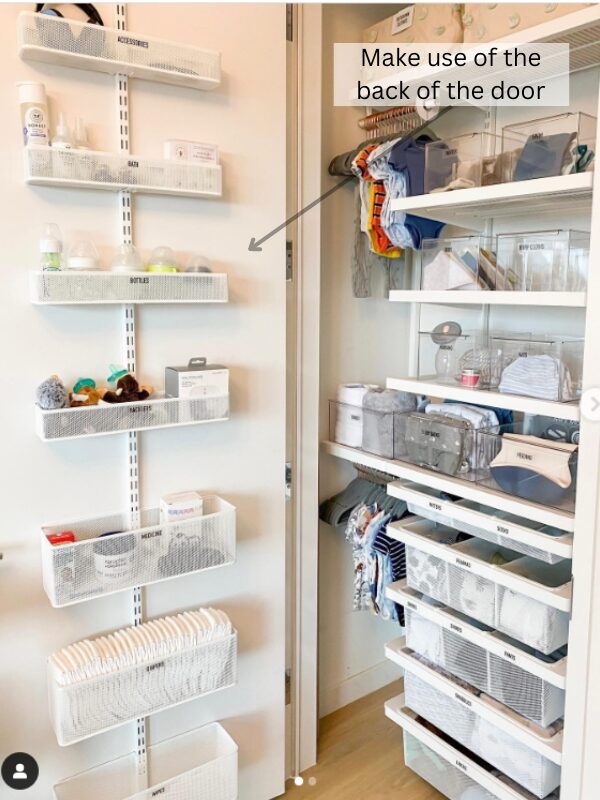 using the backdoor of the closet makes a great small nursery closet organization idea