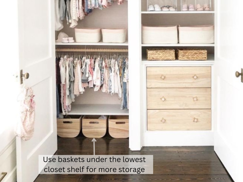 for more storage, use baskets and store them at the lowest part of the closet