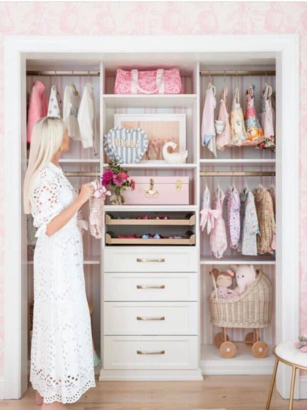 baby girl closet ideas using gold rods and accents