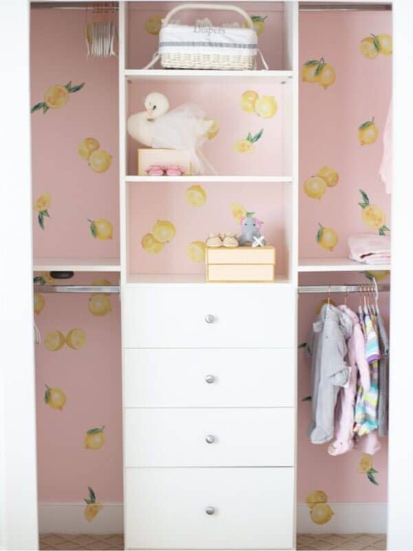 baby closet ideas, adding printed wallpaper