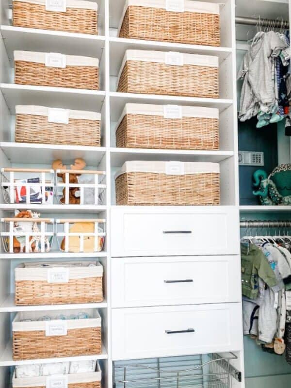 Wicker baskets nursery closet organization ideas
