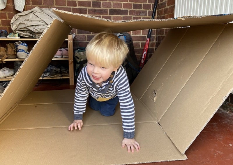 Indoor fun with a cardboard box & gross motor activity for toddlers at home