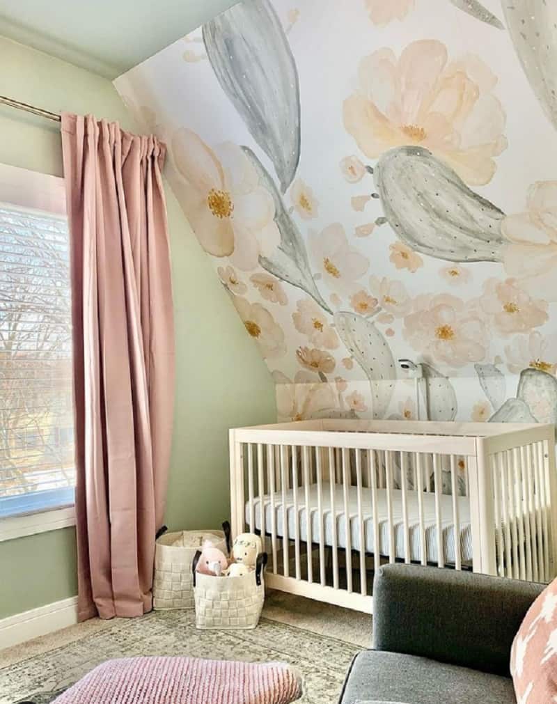 green baby nursery ideas with cactus and floral wallpaper