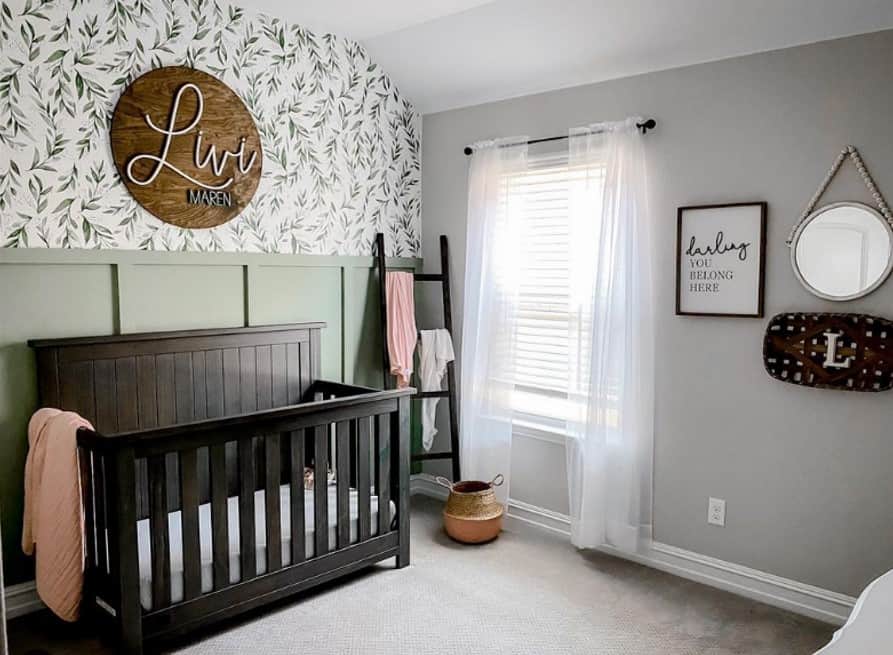 green wall nursery ideas with watercolor leaves wallpaper