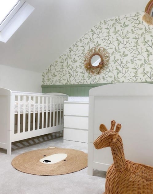 sage green nursery ideas with wallpaper leaves