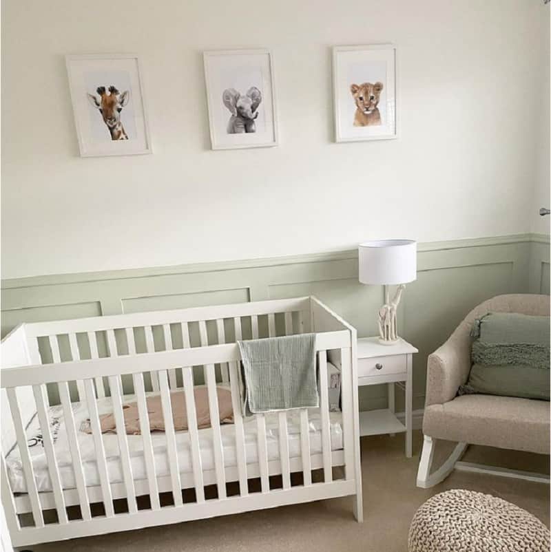 light green and white nursery ideas with framed animal pictures