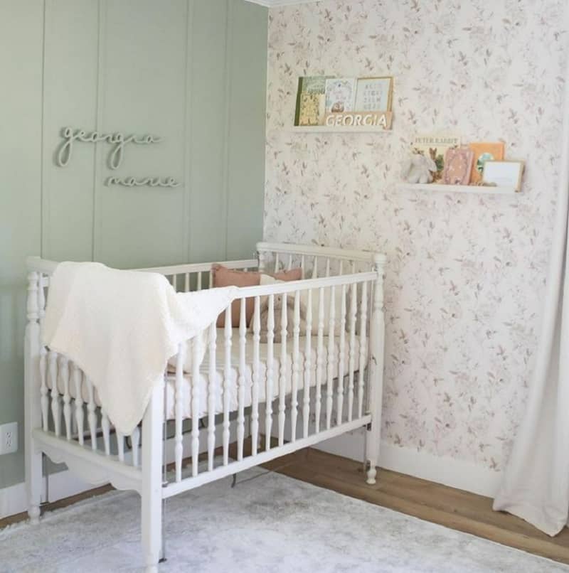 pale green nursery ideas with floral wallpaper for girls