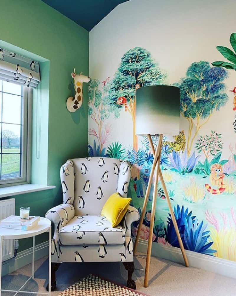 green wall nursery ideas with tropical jungle theme wallpaper
