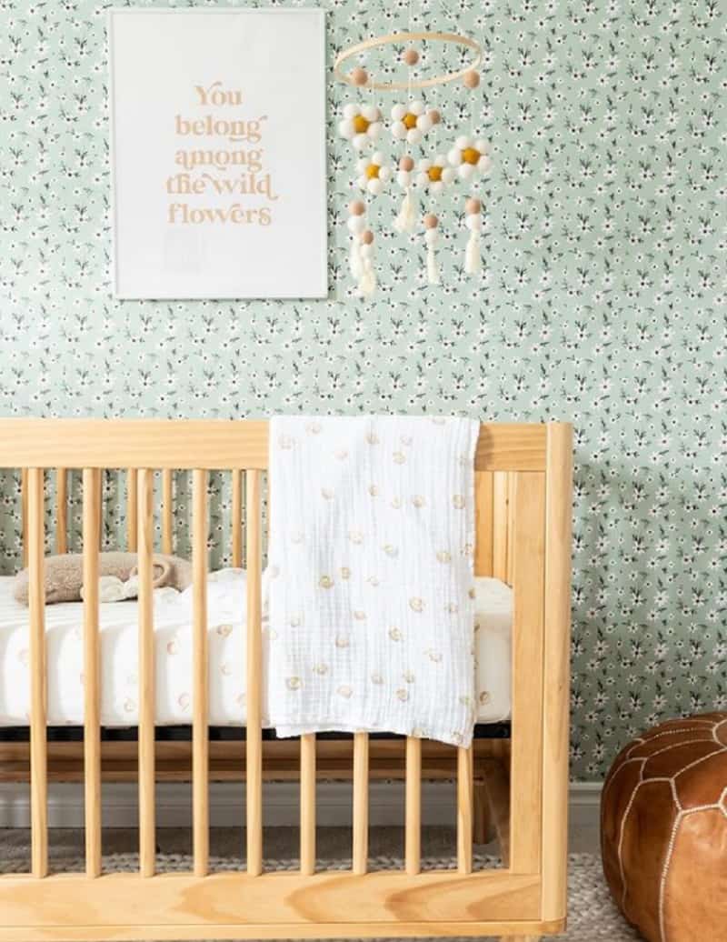 green baby nursery ideas with white flowers wallpaper mural