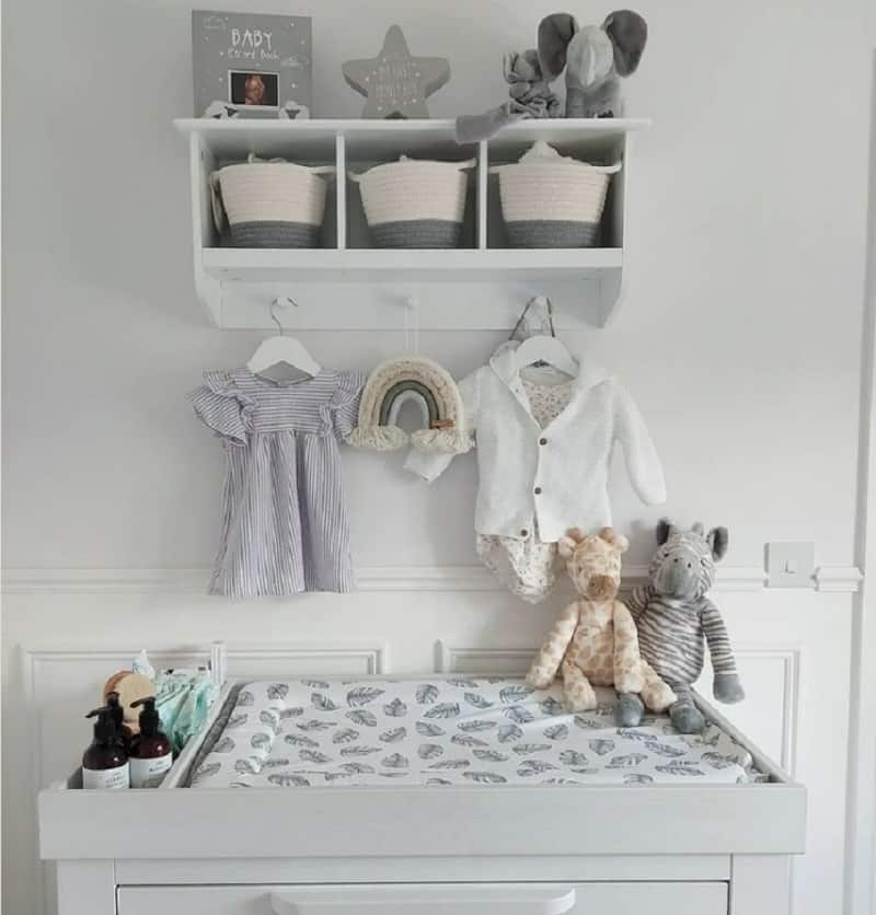grey and white baby nursery shelf ideas