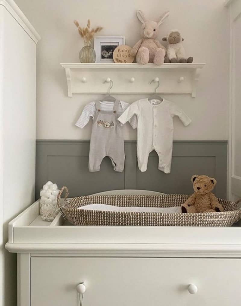white and animal theme nursery shelf decor ideas