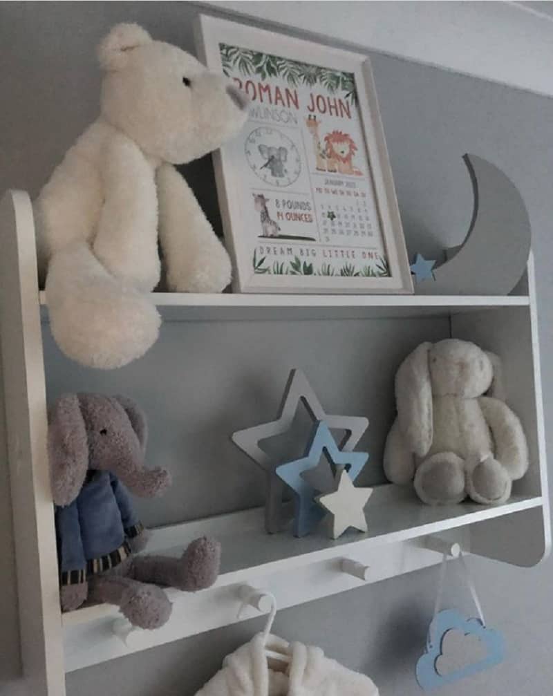 Blue and grey themed nursery wall shelves