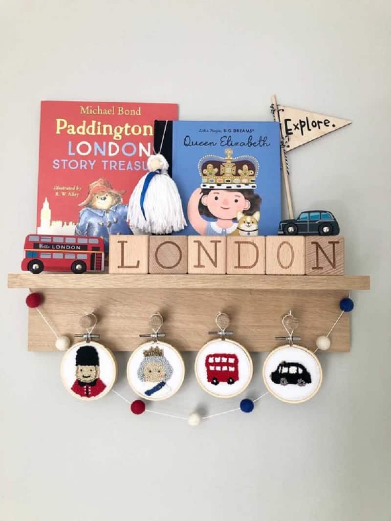 London themed baby nursery shelf ideas