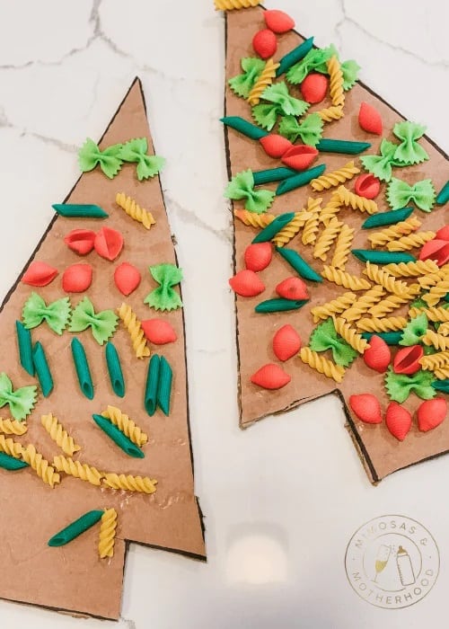 cardboard pasta Christmas tree craft for toddlers