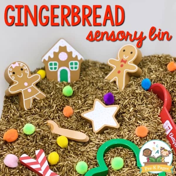 Gingerbread Christmas rice sensory bin for toddlers