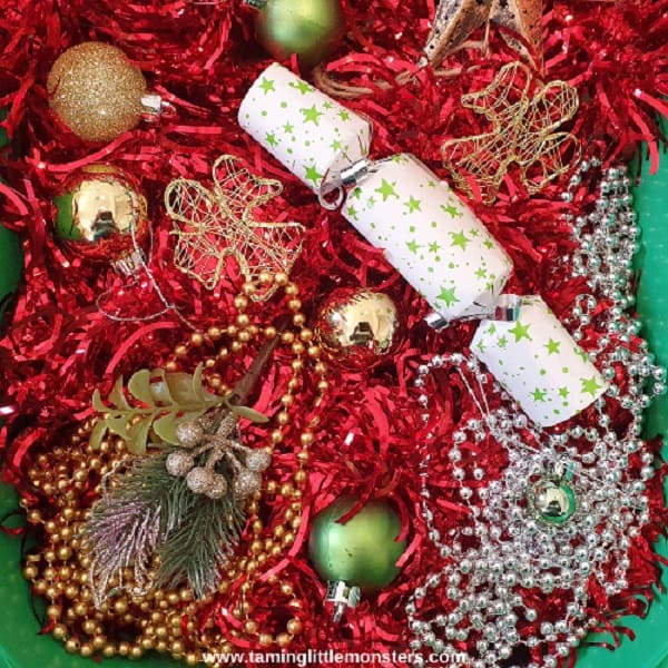 Christmas Sensory Bin with Gold & Silver Dyed Epsom Salt