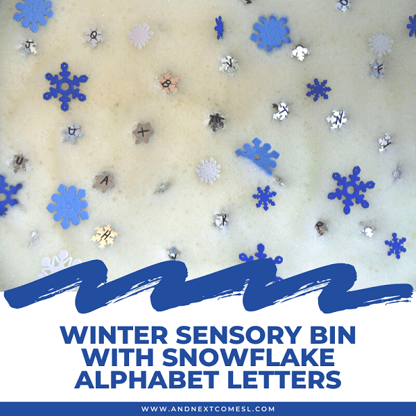 winter sensory bin for toddlers with alphabet letter