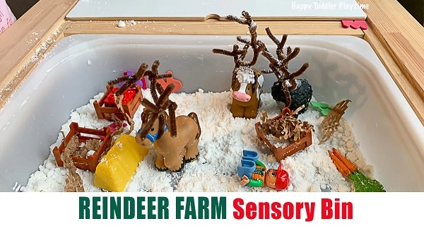 reindeer farm christmas sensory bin for kids