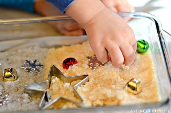 Christmas sensory play using Epsom salt and Christmas decors