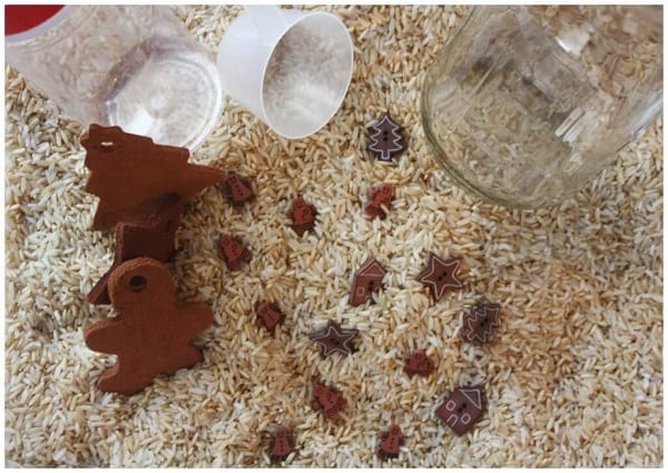 Cinnamon Scented Rice Sensory Bin for a Christmas themed activity