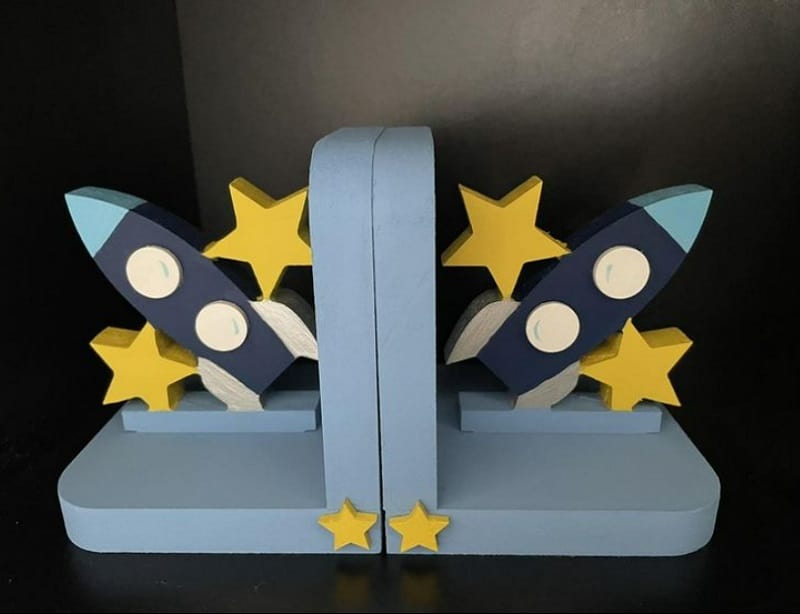 Rocketship Bookends for an outer space themed nursery room