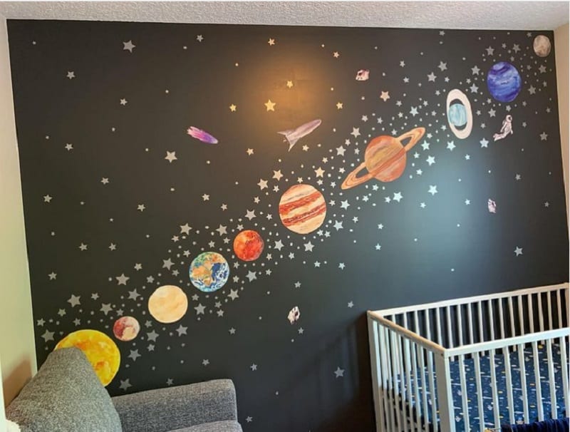 modern space themed nursery using sticker decals