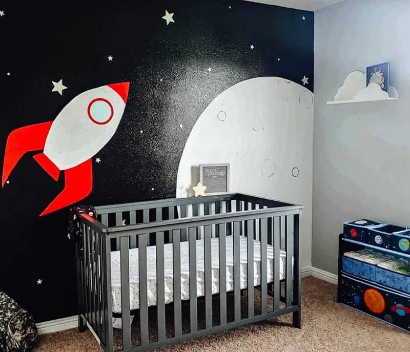 huge moon and space ship space themed nursery wall décor