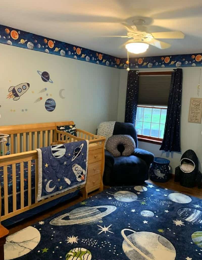 space themed nursery rug, wall decors, decals and beddings