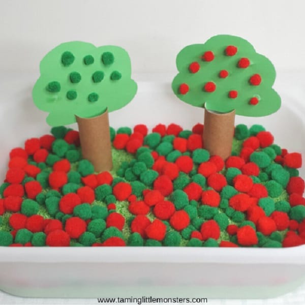 Fall Apple Tree Sensory Bin for infants, babies and toddlers
