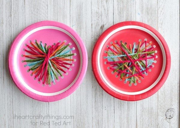 paper plate yarn weaving heart craft for toddlers and preschoolers