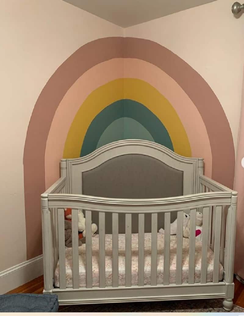 rainbow nursery mural for a corner wall