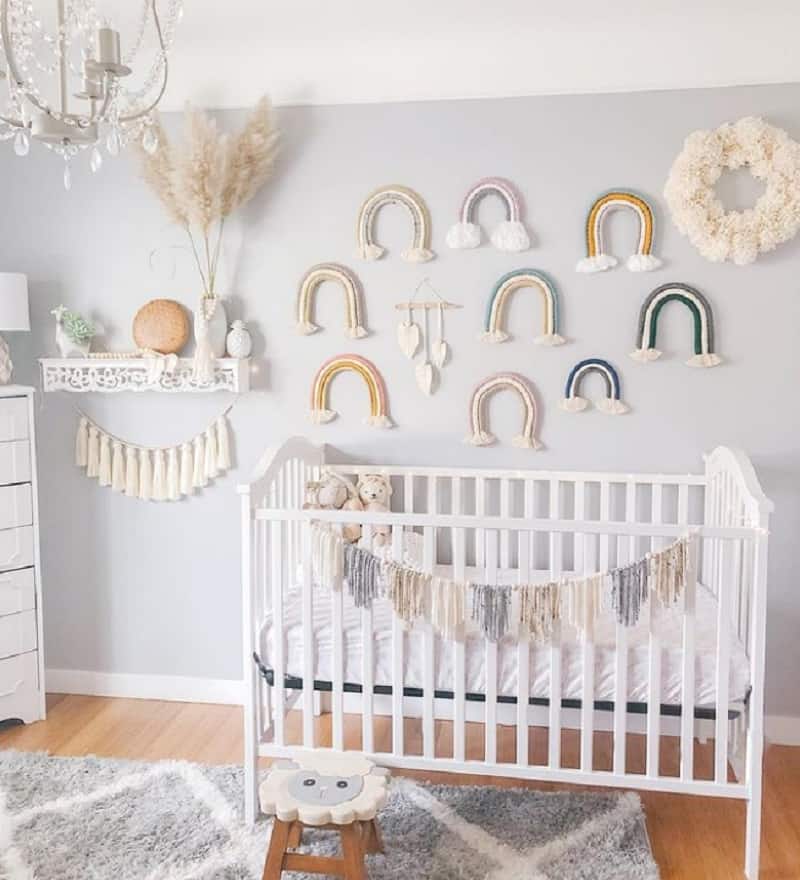 Hanging macrame rainbow nursery wall decor