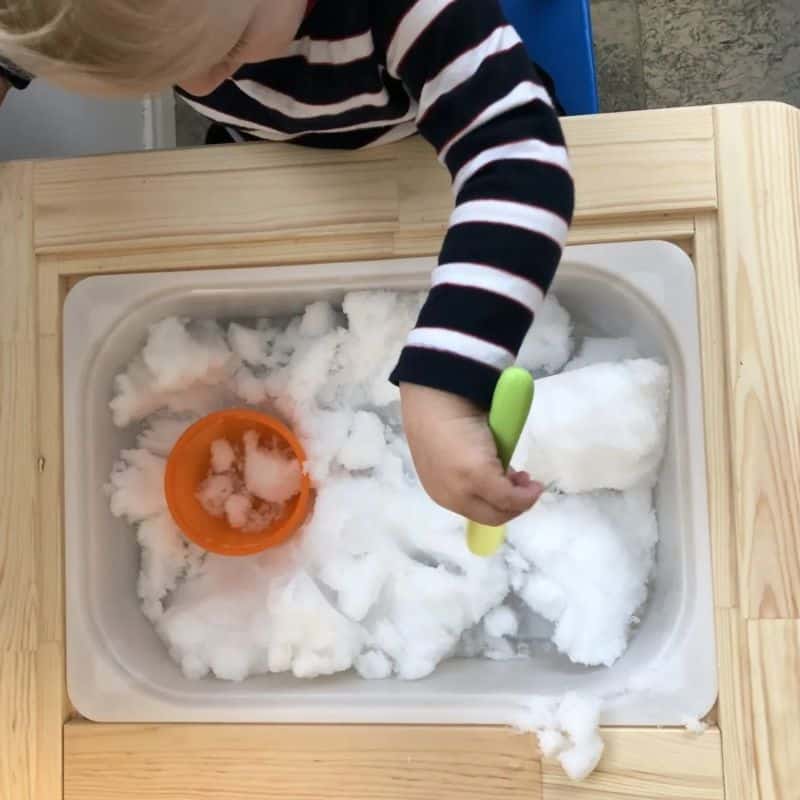 Real snow sensory bin for 1 year olds
