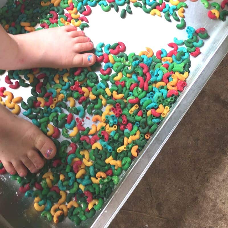 texture walk using dried pasta for fun sensory activity 