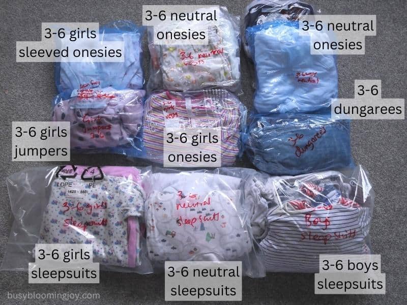 Sort and organise next size up baby clothes by type, bag up and label