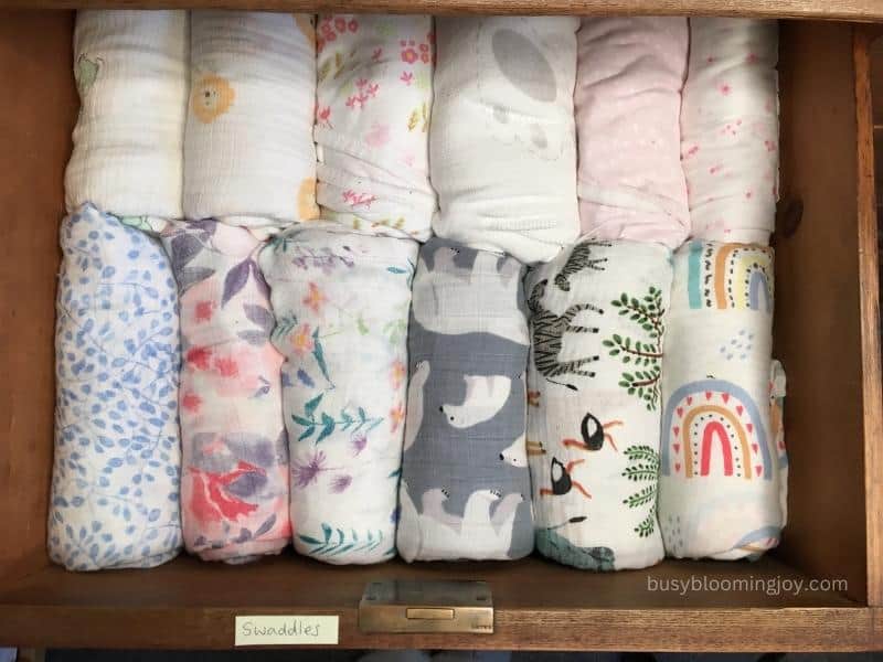 A neatly organised swaddle drawer in the dresser (organisation idea)