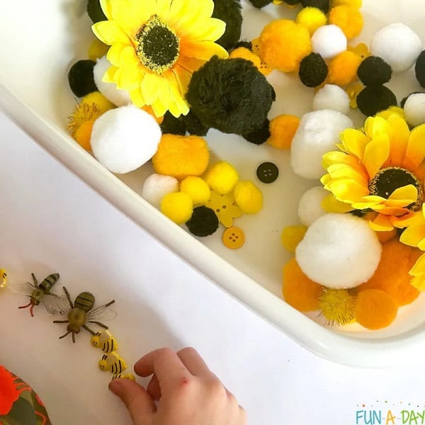 Bee & Flower Sensory Bin for toddlers perfect for spring or summmer