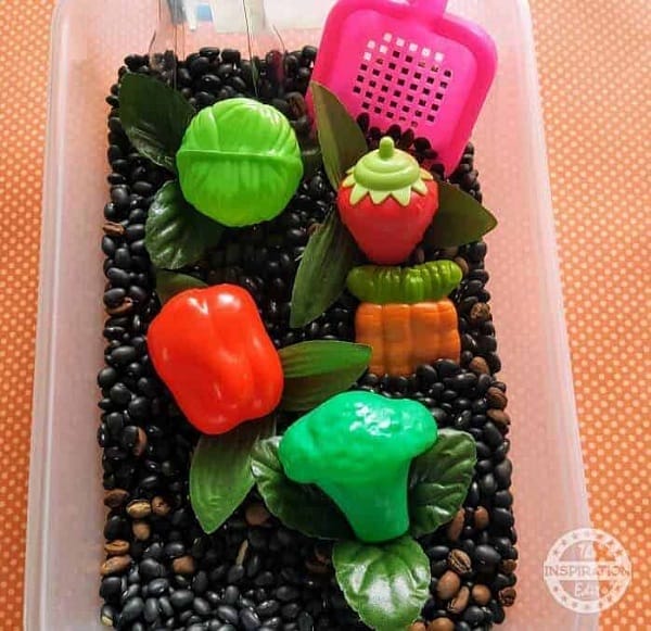 Vegetable Garden Sensory Bin using uncooked dry beans