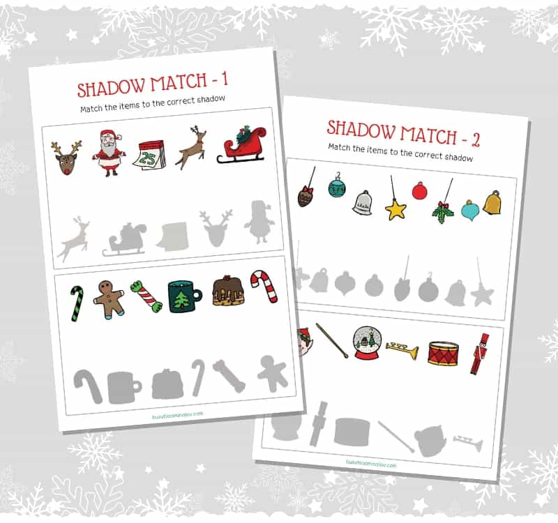 shadow match worksheets in mini Christmas activity pack