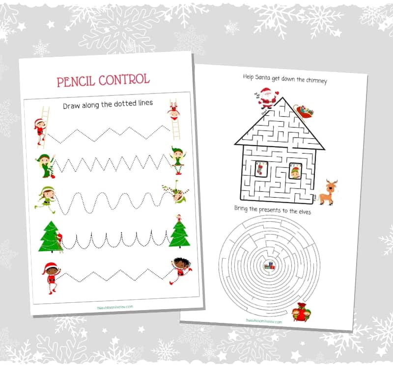 mazes and fine motor control worksheets in the free Christmas activity booklet printable