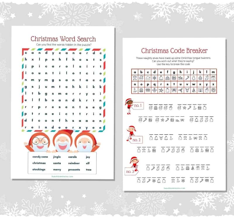 Christmas activity pages - wordsearch and code breaker