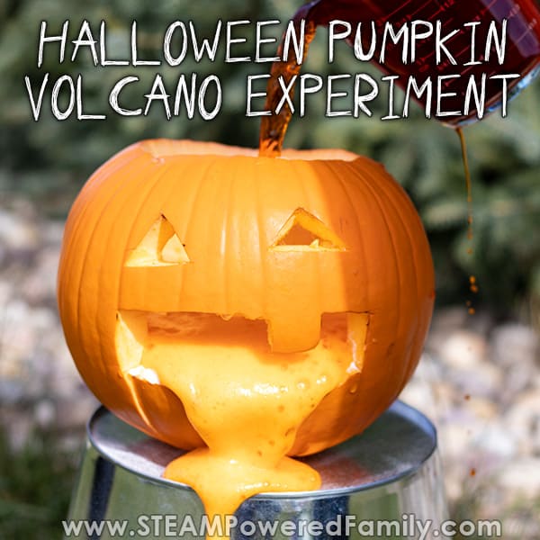 pumpkin Science volcano experiment for a fun Halloween activity for toddlers